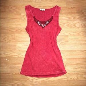 Red Sleeveless Top with Embellished Neckline